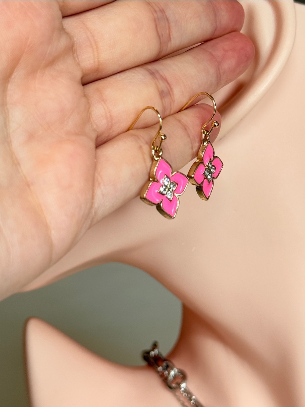 Gold Pink Enamel Flower Drop Earrings with CZ - Picture 11 of 12